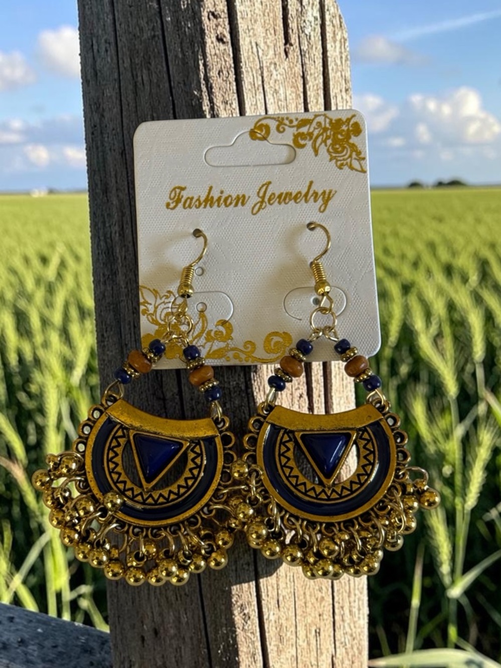 🫶🏻 Boho Western Gold and Blue Dangle Earrings